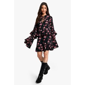 Robe Patineuse À Manches Longues Imprimée Florale Avec Détail De Décolleté En Forme De Serrure - Noir - 36, Noir