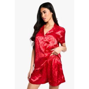 Jacquard Heart Print Satin Short Sleeved Shirt & Shorts Pyjama Set - Rouge - 36, Rouge
