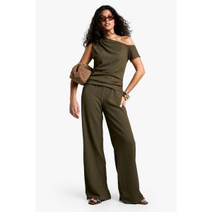 Texturé Ensemble Coordonné Top Sans Manches À Ourlet Asymétrique Et Pantalon - Vert Kaki - 34, Vert Kaki