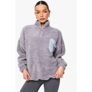 Sweatshirt Borg Oversize À Demi-Zip Avec Détail De Poche En Nylon - Gris Clair - Xs, Gris Clair
