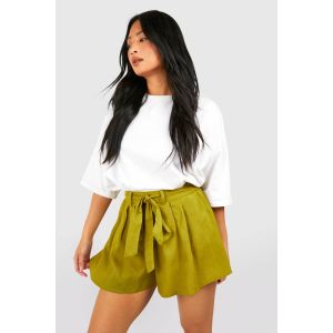 "Petite" Short Fluide À Look Lin Ceinturé - Vert Kaki - 34, Vert Kaki