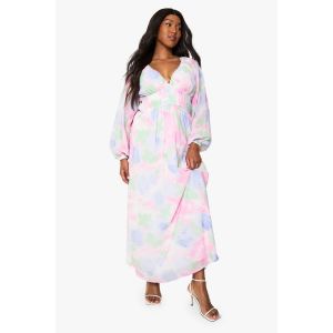 Robe Maxi Grande Taille Floral En Chiffon À Volants Et Manches Volumineuses - Nude/Coquille D'Œuf - 56, Nude/Coquille D'Œuf