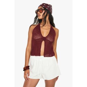 Top Tricoté Flottant À Détails Floraux En Crochet - Rouge - L, Rouge