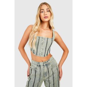 Diamante Detail Dirty Wash Denim Corset Top - Rouge Vin - 34, Rouge Vin