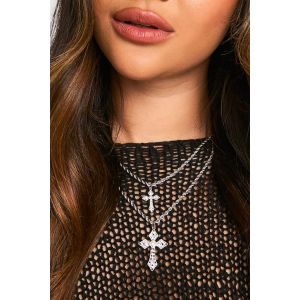 Collier Double Pendentif Croix - Gris - Argent - One Size, Gris - Argent
