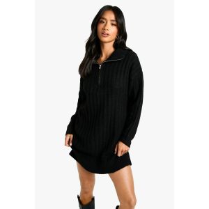 "Petite" Robe Mini Oversize En Tricot Doux À Côtes Épaisses Et Col Zippé - Noir - 40, Noir