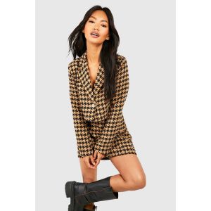 Premium Blazer Court Boxy En Motif Pied-De-Poule - Marron Camel - 34, Marron Camel
