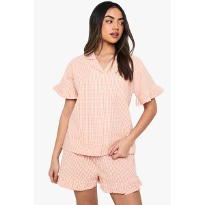 Ensemble Pyjama En Vichy À Détails De Volants, Comprenant Une Chemise À Manches Courtes Et Un Short - Orange - 34, Orange