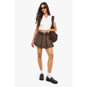 Mini-Jupe Courte À Carreaux Imitation Laine Avec Ceinture Premium - Marron Chocolat - 38, Marron Chocolat