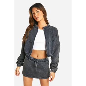 Ensemble Bomber À Détails De Couture Délavée Et Jupe Sweat - Gris Anthracite - Xl, Gris Anthracite