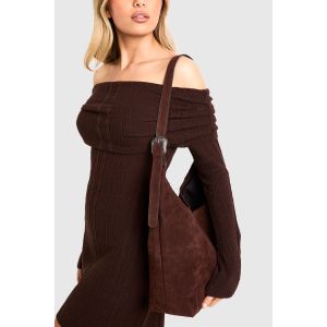Western Buckle Faux Suede Slouchy Shoulder Bag - Marron Chocolat - One Size, Marron Chocolat