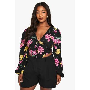 "Plus" Floral Puff Sleeve Longline Corset Top - Noir - 44, Noir
