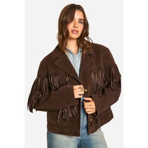 Veste Vintage Look Daim Avec Détail De Franges - Marron - 38, Marron