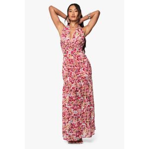 Robe Maxi En Chiffon Fleuri À Fronces Et Ourlet Tombant - Rose - 40, Rose