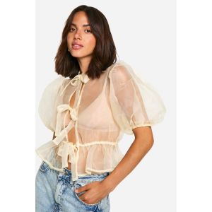 Organza Top À Nouer À L'Avant Et Manches Bouffantes - Butter - 36, Butter