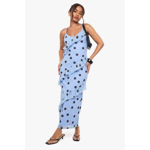 Robe Maxi À Pois Et Volants - Bleu - 44, Bleu