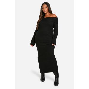Robe Pull "Plus" Premium Oversize En Maille Douce À Côte Et Encolure Bardot - Noir - 54, Noir