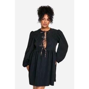 Robe Smock À Manches Longues Avec Nœud Imprimé Léopard Contrasté - Noir - 46, Noir