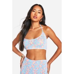 Crop Top Halterneck En Crochet Arc-En-Ciel - Bleu - L, Bleu
