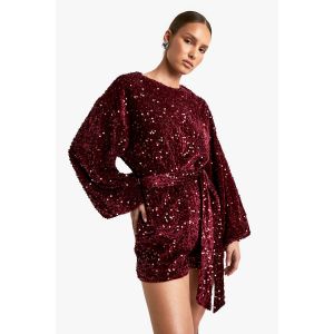 Combinaison À Paillettes Aux Manches Extrêmes Et Ceinture - Rouge - 38, Rouge