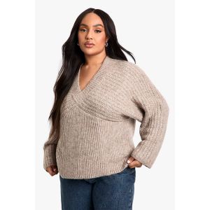 "Plus" Chunky Rib V Neck Wide Sleeve Jumper - Marron Taupe - 52, Marron Taupe