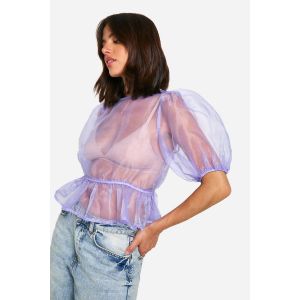 Haut En Organza À Dos Noué Et Manches Bouffantes - Bleu Poudré - 36, Bleu Poudré