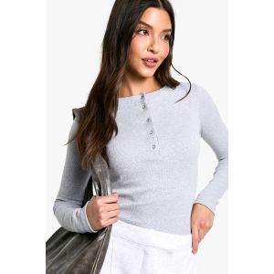 Haut À Manches Longues En Côtes Avec Boutons-Pression Sur Le Devant - Gris Perle - 38, Gris Perle