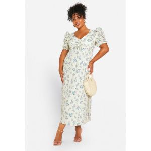 "Plus" Robe Paysanne "Plus"size Tissée À Petits Motifs Floraux Froncée - Citron - 56, Citron