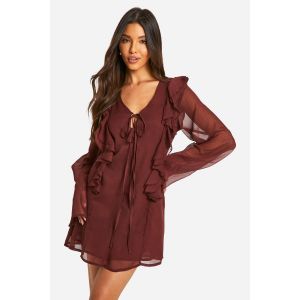 Mini-Robe En Chiffon Froissé À Volants Et Nouée À L'Avant - Marron Chocolat - 36, Marron Chocolat