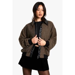 Veste Bomber Longue À Contraste Avec Garniture En Synthétique Et Aspect Laine - Marron - 42, Marron