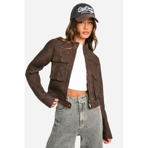 Veste De Motard En Synthétique Cropped Avec Détails De Poches Pour Grandes Silhouettes - Marron - 34, Marron
