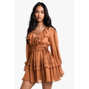 Robe Skater À Taille Froncée Et Détails De Volants - Orange Rouille - 36, Orange Rouille