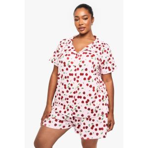 Ensemble Pyjama Grande Taille À Imprimé Cerise, Manches Courtes Et Short Pj Set - Rose - 50, Rose