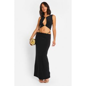 Haut Court En Tissu Slinky À Double Couche Avec Décolleté Ajouré Et Jupe Maxi À Perles - Noir - 44, Noir