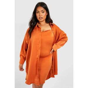 "Plus" Satin 2-En-1 Chemise & Robe Nuisette En Satin - Orange Rouille - 46, Orange Rouille