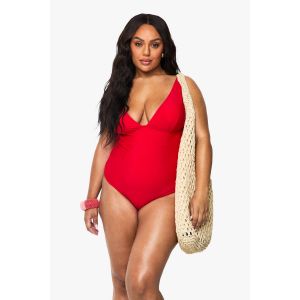 Maillot De Bain Plongeant Avec Contrôle Du Ventre "Plus" - Rouge - 56, Rouge