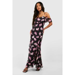 Robe Nuisette Imprimée À Manches Drapées - Rose - 38, Rose