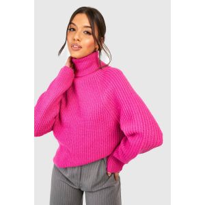 Pull Tricoté À Col Roulé Et Manches Raglan - Rose Fuchsia - S, Rose Fuchsia