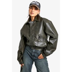 "Tall" Vintage Look Faux Leather Bomber Jacket - Rouge Vin - 46, Rouge Vin