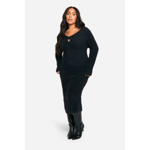 Robe Maxi Tricotée Grande Taille À Décolletage En Trou De Serrure - Noir - 44-46, Noir
