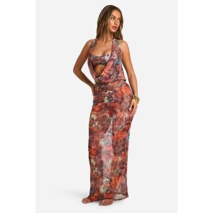 Robe De Plage Maxi À Imprimé Papillon Avec Encolure Drapée - Marron - M, Marron