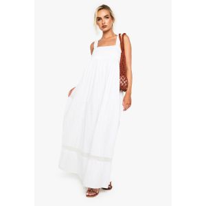 Robe Maxi En Coton Froncé À Bretelles - Blanc - 38, Blanc
