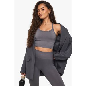 Boohoo Basics Soutien-Gorge De Sport Léger À Maintien Longline En Côtes Sans Couture - Gris Anthracite - L, Gris Anthracite