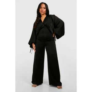 "Plus" Combinaison Grande Taille En Satin Mat À Manches Extrêmes - Noir - 56, Noir