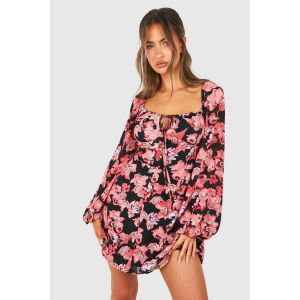 Robe Courte Fleurie À Manches Bouffantes - Rose - 40, Rose