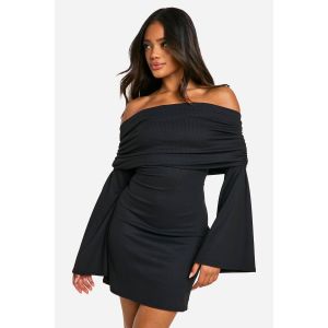 Robe Mini Bardot À Côtes Décontractée - Noir - 38, Noir
