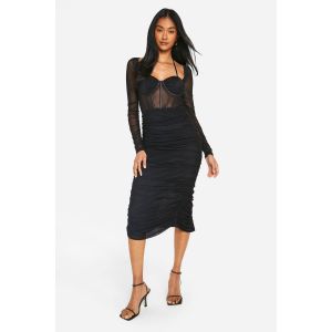 Robe Midaxi En Mesh Avec Détail De Bonnet Et Fronces - Noir - 38, Noir