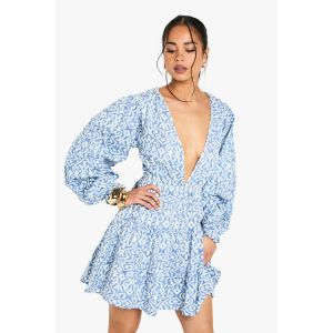Robe Mini À Imprimé Effet Lin Et Décolleté Plongeant À Manches Longues - Bleu Clair - 36, Bleu Clair
