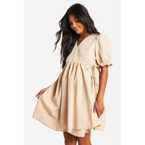 Robe De Maternité Mini Portefeuille À Manches Bouffantes Et Finitions Smockées - Gris Pierre - 40, Gris Pierre