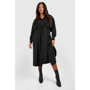 Robe Chemise Midi Grande Taille En Tissu Tissé Texturé Avec Nouer À L'Avant - Noir - 46, Noir